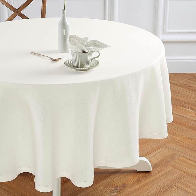 Solino Home Linen 60 Inch Round Tablecloth - 100% Pure Linen Ivory Round Tablecloth - Machine Washable Table Cloth for New Year - Sonoma Hemstitch