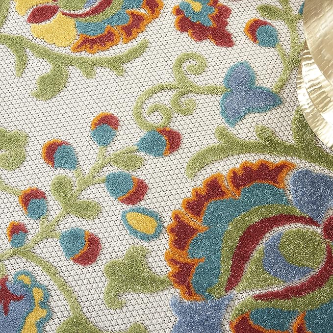 Nourison Aloha Indoor/Outdoor Ivory/Multi 4' x Round Area -rug, Easy -cleaning, Non Shedding, Bed Room, Living Room, Dining Room, Backyard, Deck, Patio (4 Round)