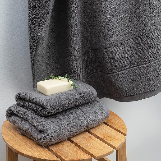 Aston & Arden Aegean Terry Hand Towels - Set of 4 - Ringspun Turkish Cotton Thick and Soft Absorbent Luxury Hotel and Spa Bathroom Towel, 600 GSM, 18 x 32 in, Dark Grey