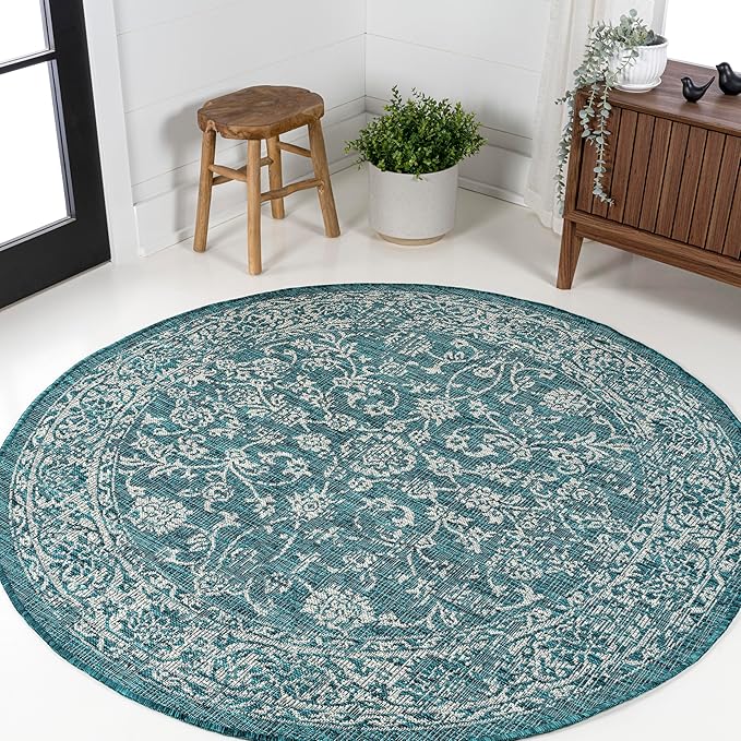 JONATHAN Y Weave Floral Indoor Outdoor Round Area Rug 3 Ft Teal/Gray, Tela Bohemian Textured for Backyard, Patio, Porch, Easy-Cleaning, High Traffic, Pet-Friendly, Non-Shedding (SMB100C-3R)