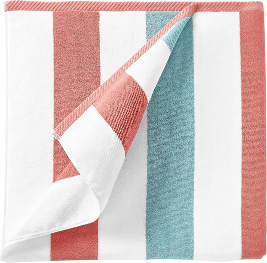 Laguna Beach Textile Co. Striped Cabana Beach Towel - Oversized, Plush 630 GSM Cotton - Coral Orange & Sea Glass Green