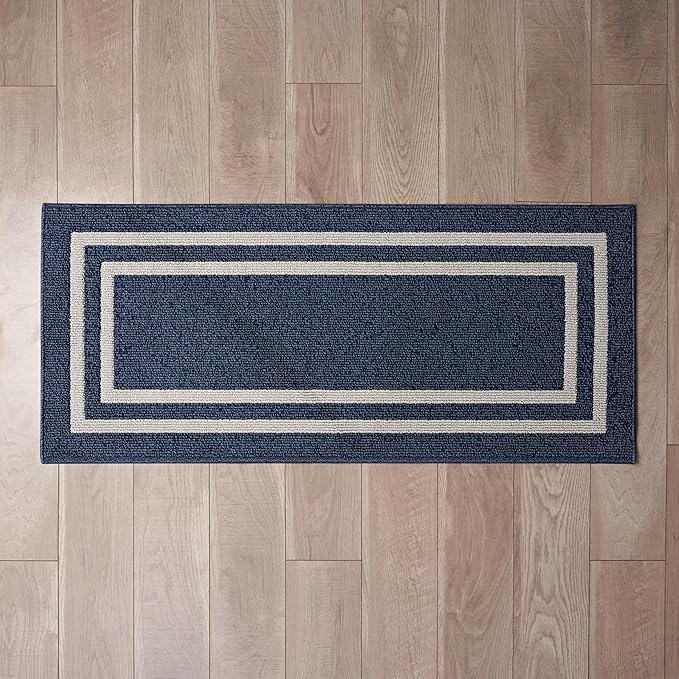 Nautica – Runner Rug | Indoor Runners for Hallways and Entry Rugs| Non-Slip and Non-Skid Entry and Kitchen Door Mat| Machine Washable Entryway Carpet Rugs | 2'2" x 5' | Double Border Denim