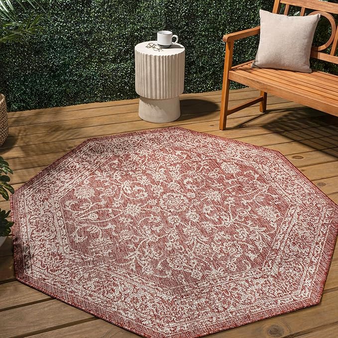 JONATHAN Y Weave Floral Indoor Outdoor Octagon Area Rug 5 Ft Red/Taupe, Tela Bohemian Textured for Backyard, Patio, Porch, Easy-Cleaning, High Traffic, Pet-Friendly, Non-Shedding (SMB100A-5TGN)