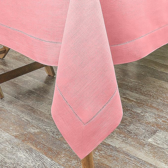 D'Moksha Homes Dusty Pink Linen Tablecloth 60 x 120 Inch - 100% Pure Linen Hemstitch Tablecloth for Rectangle Tables - Classic Hemstitch, Machine Washable Table Cloth for Christmas, Holiday, New Year
