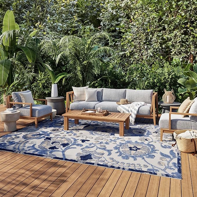 Nourison Aloha Indoor/Outdoor Blue/Grey 7' x 10' Area Rug, Easy Clean, Non Shedding, Bed Room, Living Room, Dining Room, Backyard, Deck, Patio (7x10)