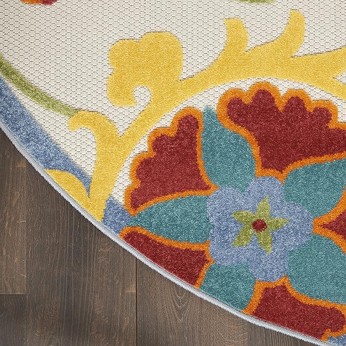 Nourison Aloha Indoor/Outdoor Ivory/Multi 7’10” x Round Area Rug, Easy Cleaning, Non Shedding, Bed Room, Living Room, Dining Room, Backyard, Deck, Patio (8 Round)
