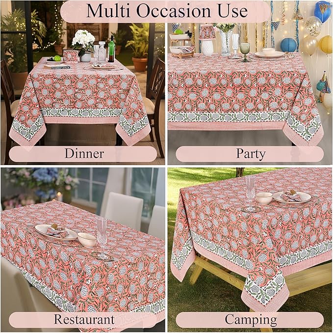 Ridhi Dark Salmon Pink Hand Block Print Cotton Rectangle Tablecloth 190" x 72" inches Reusable Table Cover Decorative Everyday Use for Dining, Farmhouse, Home, Party, Festive, Wedding, Fall