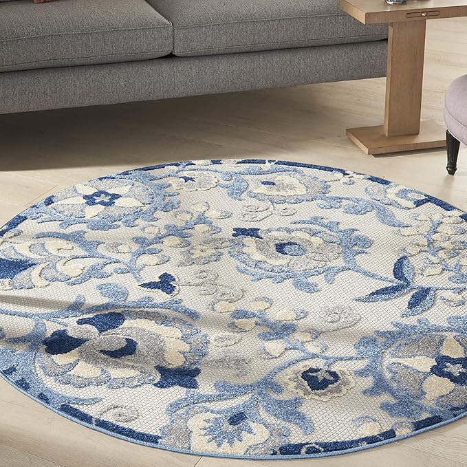 Nourison Aloha Indoor/Outdoor Blue/Grey 4' x Round Area Rug, Easy Cleaning, Non Shedding, Bed Room, Living Room, Dining Room, Backyard, Deck, Patio (4 Round)