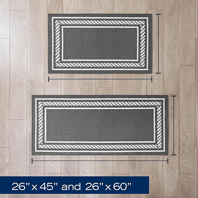Nautica – Runner Rug 2 Piece Set | Indoor Runners for Hallways and Entry Rugs| Non-Skid Entry and Kitchen Door Mat| Machine Washable Carpet Rugs | 2'2" x 3'9" and 2'2" x 5' | Rope Border Dark Grey