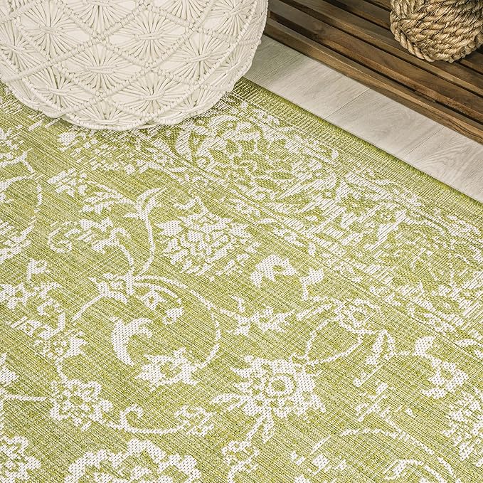 JONATHAN Y Weave Floral Indoor Outdoor Square Area Rug 5X5 Green/Cream, Tela Bohemian Textured for Backyard, Patio, Porch, Easy-Cleaning, High Traffic, Pet-Friendly, Non-Shedding (SMB100D-5SQ)