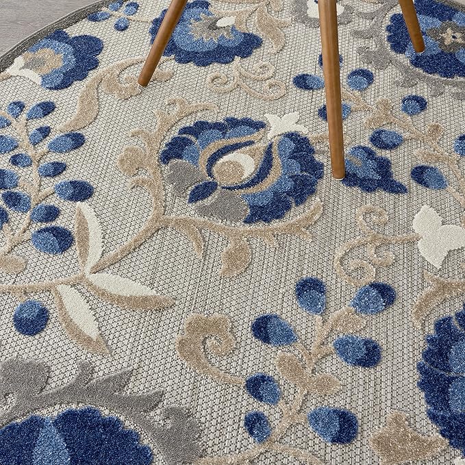Nourison Aloha Indoor/Outdoor Natural/Blue 4' x Round Area Rug, Easy Clean, Non Shedding, Bed Room, Living Room, Dining Room, Backyard, Deck, Patio (4 Round)