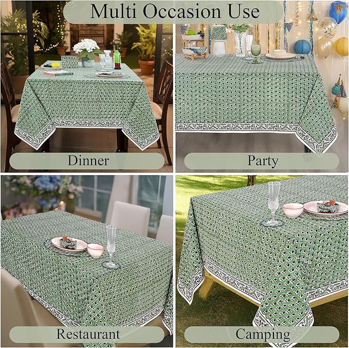 Ridhi Basil Green Hand Block Print Cotton Rectangle Tablecloth 120" x 60" inches Reusable Table Cover Decorative Everyday Use for Dining, Farmhouse, Home, Party, Festive, Wedding, Fall