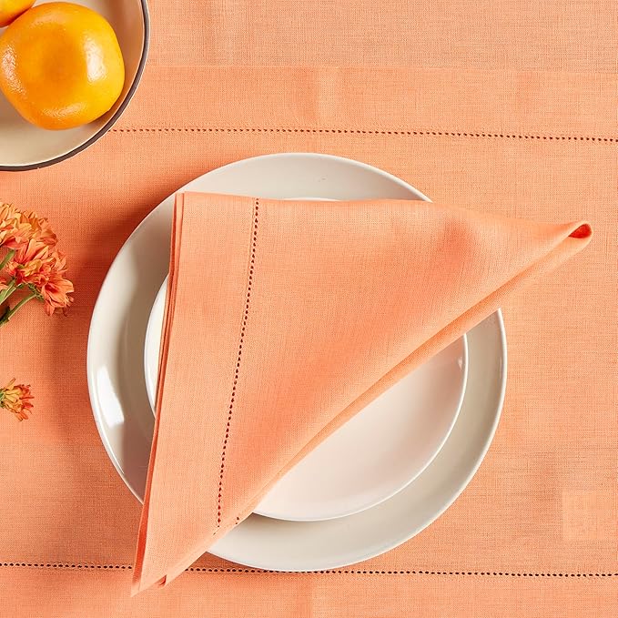 Solino Home Linen Cloth Napkins Set of 4-100% Pure Linen Coral Dinner Napkins 20 x 20 Inch - Classic Hemstitch, Handcrafted and Machine Washable