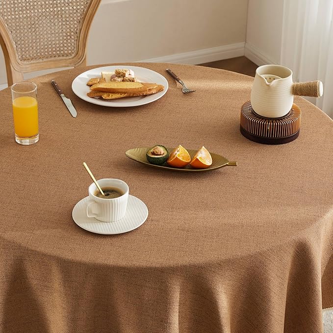 Linen Tablecloth with Tassels, Farmhouse Style Brown Tablecloth, Water Resistant Burlap Tablecloths for Round Table, 60 Inch Round Caramel