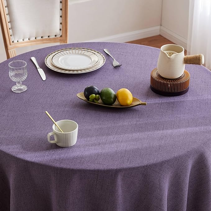 Linen Tablecloth with Tassels, Farmhouse Style Purple Tablecloth, Water Resistant Burlap Tablecloths for Round Table, 60 Inch Round Purple