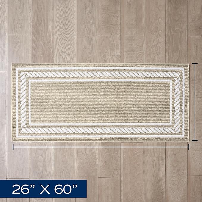 Nautica – Runner Rug | Indoor Runners for Hallways and Entry Rugs| Non-Slip and Non-Skid Entry and Kitchen Door Mat| Machine Washable Entryway Carpet Rugs | 2'2" x 5' | Rope Border Beige