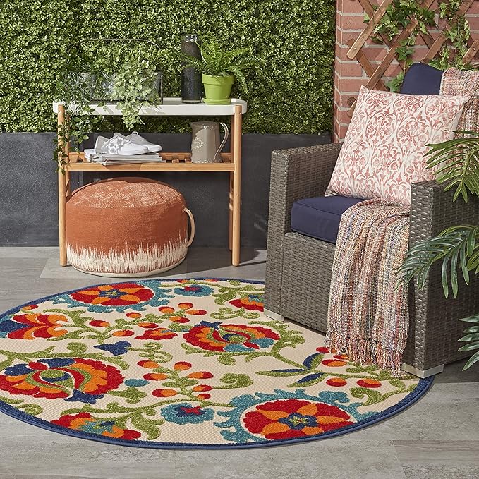 Nourison Aloha Indoor/Outdoor Multicolor 4' x Round Area Rug, Easy Cleaning, Non Shedding, Bed Room, Living Room, Dining Room, Backyard, Deck, Patio (4 Round)