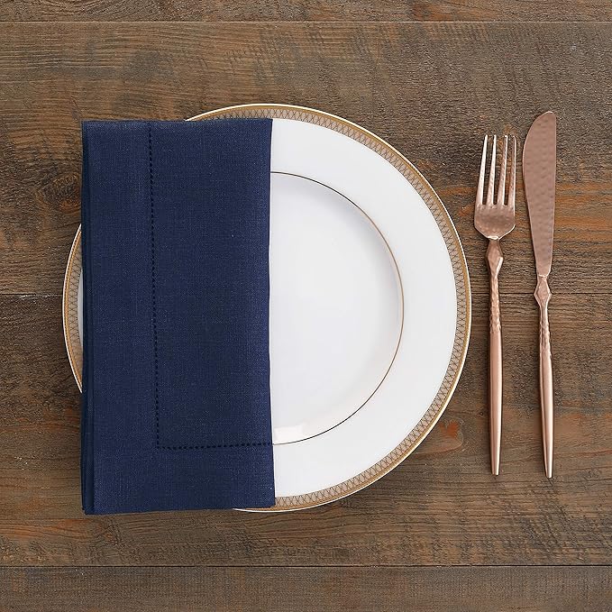 Solino Home Navy Blue Linen Napkins Set of 4-100% Pure Linen Hemstitch Dinner Napkins 20 x 20 Inch for Holiday, Winter, New Year - Classic Hemstitch
