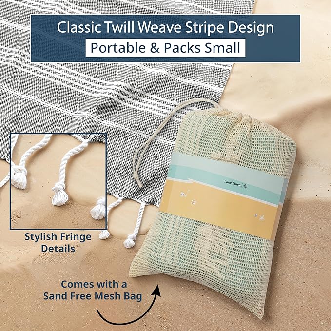 LANE LINEN Beach Blanket – Sand-Free, Extra-Large Picnic Mat, Quick-Dry, Pre-Washed Design (82"x82"), Beach Essentials for Family Picnics and Poolside Relaxation, Machine Washable – Smoky Black