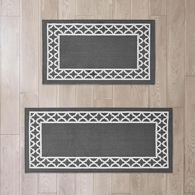 Nautica – Runner Rug 2 Piece Set | Indoor Runners for Hallways and Entry Rugs| Non-Skid Entry and Kitchen Door Mat| Machine Washable Carpet Rugs | 2'2" x 3'9" and 2'2" x 5' | Trellis Dark Grey