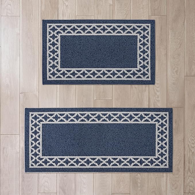 Nautica – Runner Rug 2 Piece Set | Indoor Runners for Hallways and Entry Rugs| Non-Skid Entry and Kitchen Door Mat| Machine Washable Carpet Rugs | 2'2" x 3'9" and 2'2" x 5' | Trellis Denim
