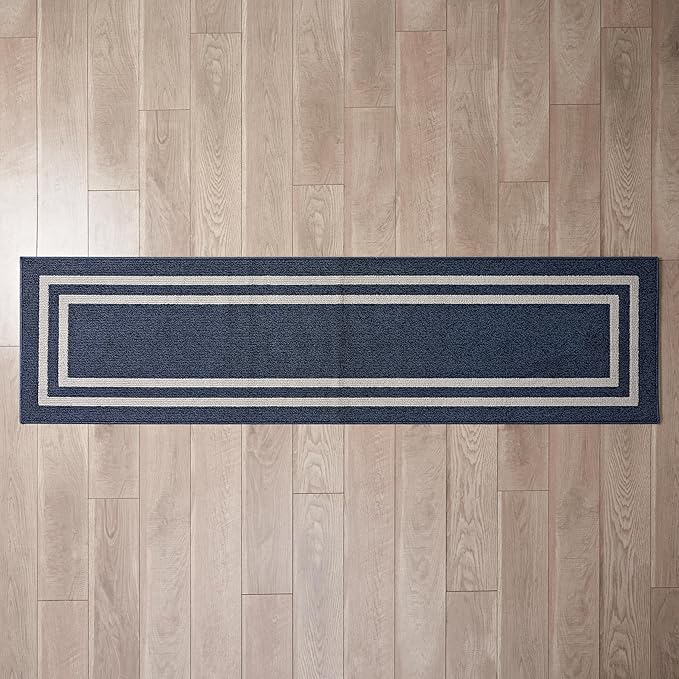 Nautica – Runner Rug | Indoor Runners for Hallways and Entry Rugs| Non-Slip and Non-Skid Entry and Kitchen Door Mat| Machine Washable Entryway Carpet Rugs | 2'2" x 8'| Double Border Denim