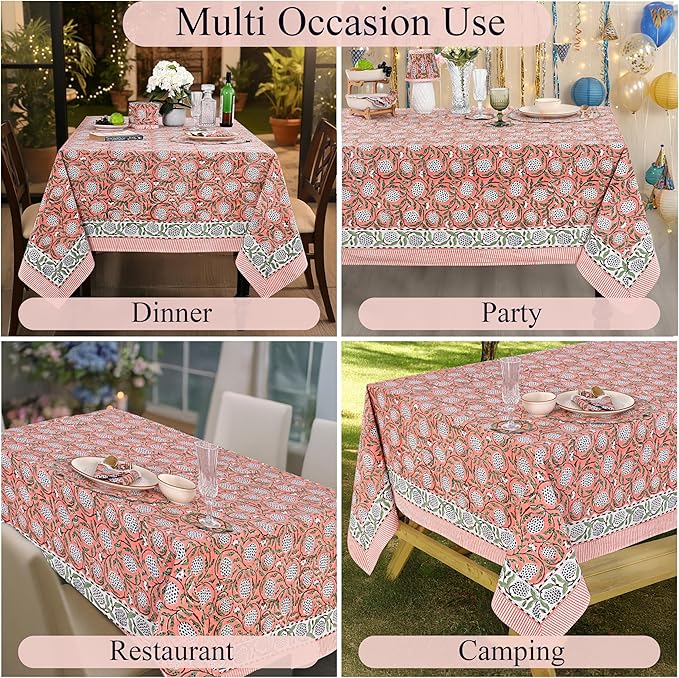 Ridhi -Dark Salmon Cotton Tablecloth, Handblock Print Floral Table Cloth for Kitchen Dining Linen I Thanksgiving, Christmas, Wedding, Fall Décor 4 Seater 60x60 Inches Square