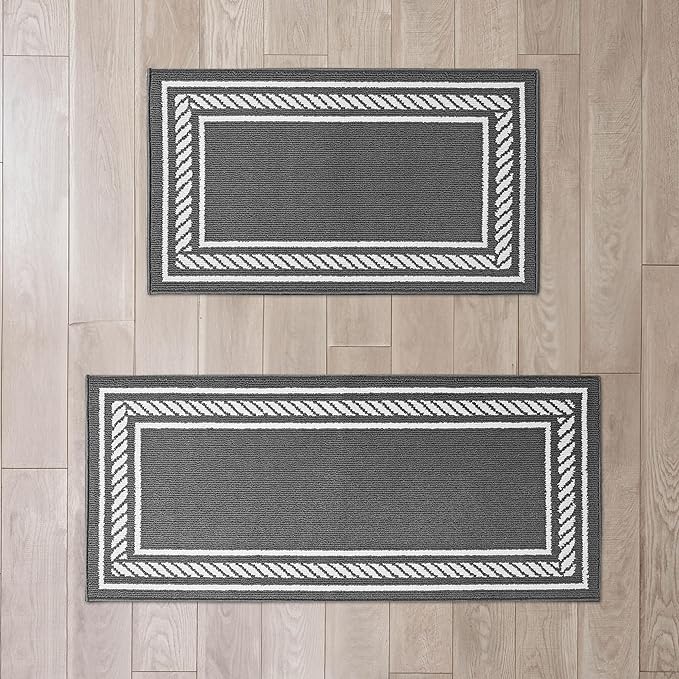 Nautica – Runner Rug 2 Piece Set | Indoor Runners for Hallways and Entry Rugs| Non-Skid Entry and Kitchen Door Mat| Machine Washable Carpet Rugs | 2'2" x 3'9" and 2'2" x 5' | Rope Border Dark Grey