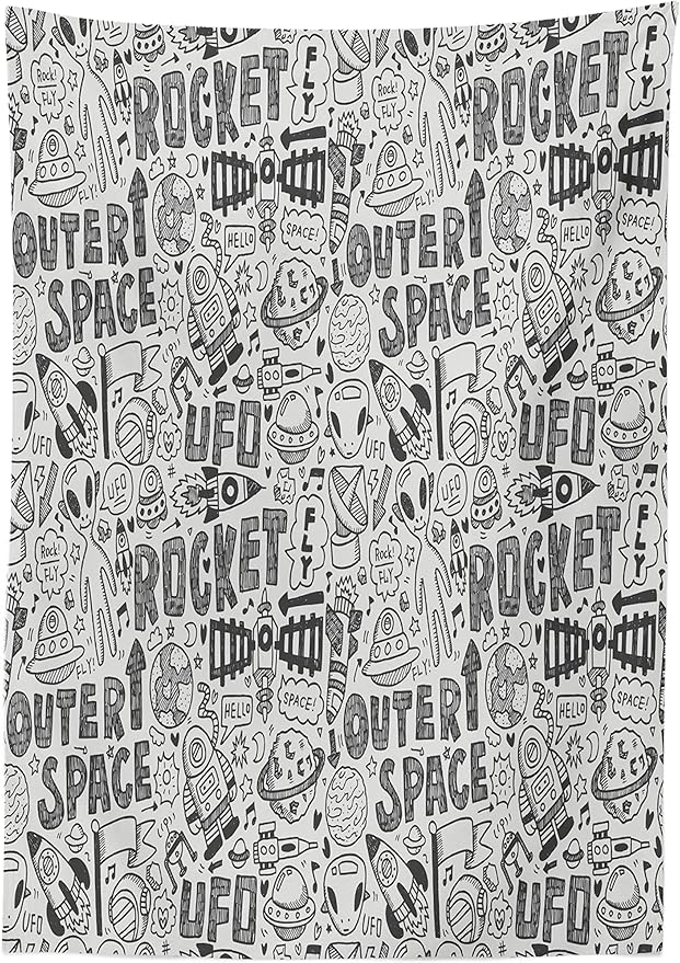 Ambesonne Outer Space Tablecloth, Doodle Pattern with Astronauts Satellite Rocket Spaceship Spacecraft Planets, Dining Room Kitchen Rectangular Table Cover, 60" X 84", White Black