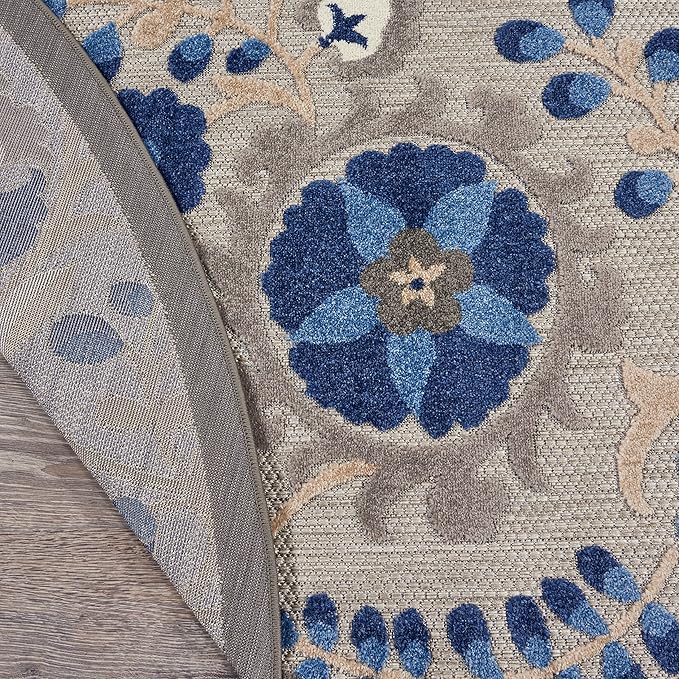 Nourison Aloha Indoor/Outdoor Natural/Blue 4' x Round Area Rug, Easy Clean, Non Shedding, Bed Room, Living Room, Dining Room, Backyard, Deck, Patio (4 Round)