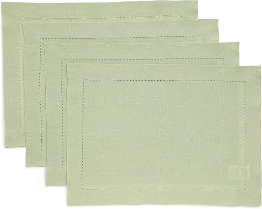 Solino Home Linen Placemats Set of 4 - Classic Hemstitch Sage Green Placemats 14 x 19 Inch - 100% Pure Linen Table Mats for Winter, New Year