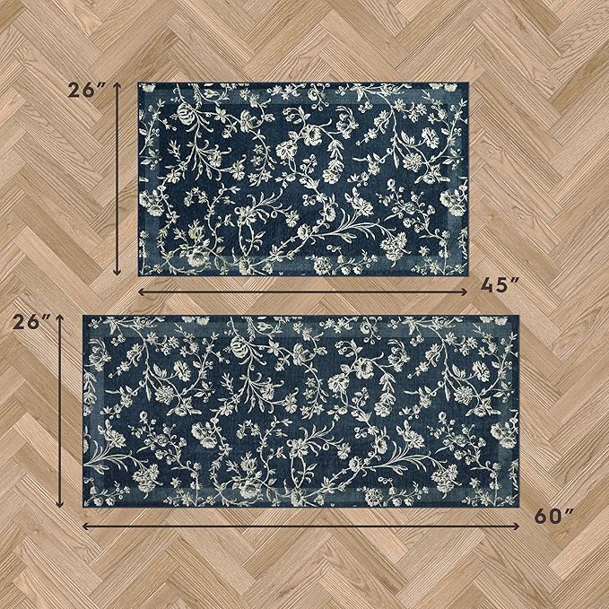Laura Ashley Dark Navy Aria Floral Border Machine Washable & Slip Resistant 2 Piece Set - 26" x 45" Accent Rug & 26" x60" Runner Rug