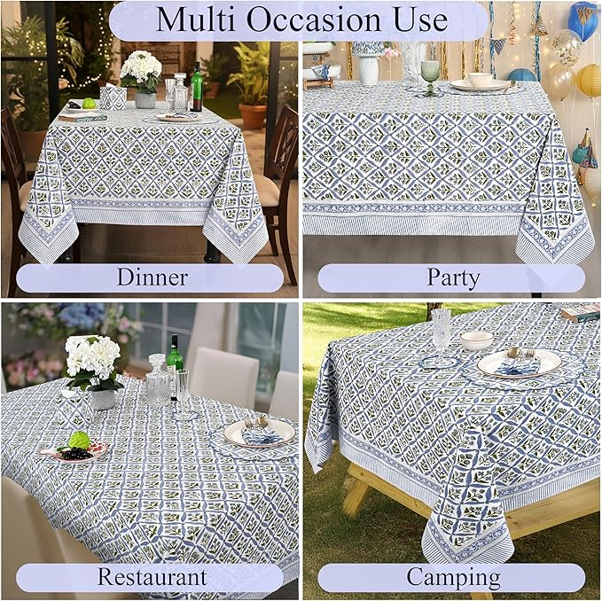 Ridhi Light Steel Blue Hand Block Print Cotton Rectangle Tablecloth 190" x 72" inches Reusable Table Cover Decorative Everyday Use for Dining, Farmhouse, Home, Party, Festive, Wedding, Fall