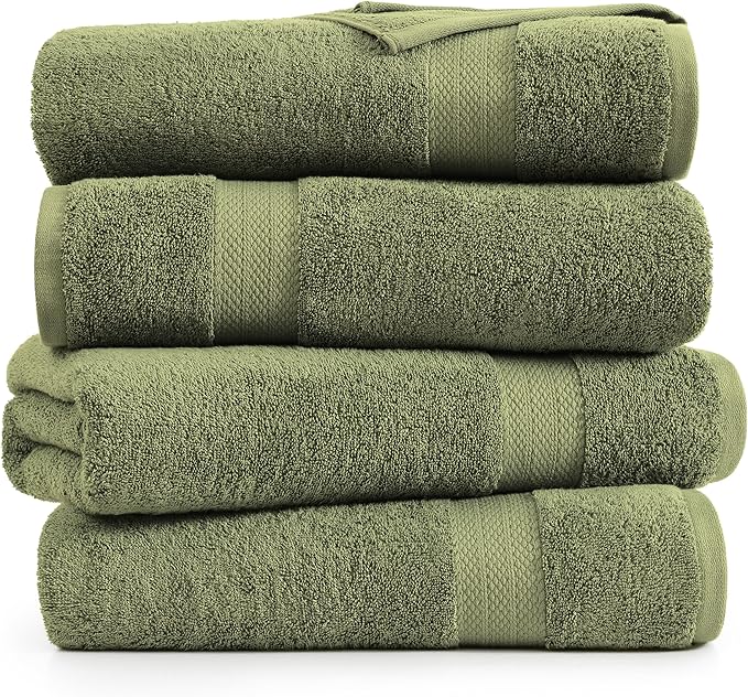 LANE LINEN 100% Mercerized Cotton Bath Sheet Set of 4 (35"x66") - Quick Drying, Ultra Soft & Durable Extra Large Towel Sets - Fade Resistant, Highly Absorbent - Oversized Daily Use Towels - Oil Green