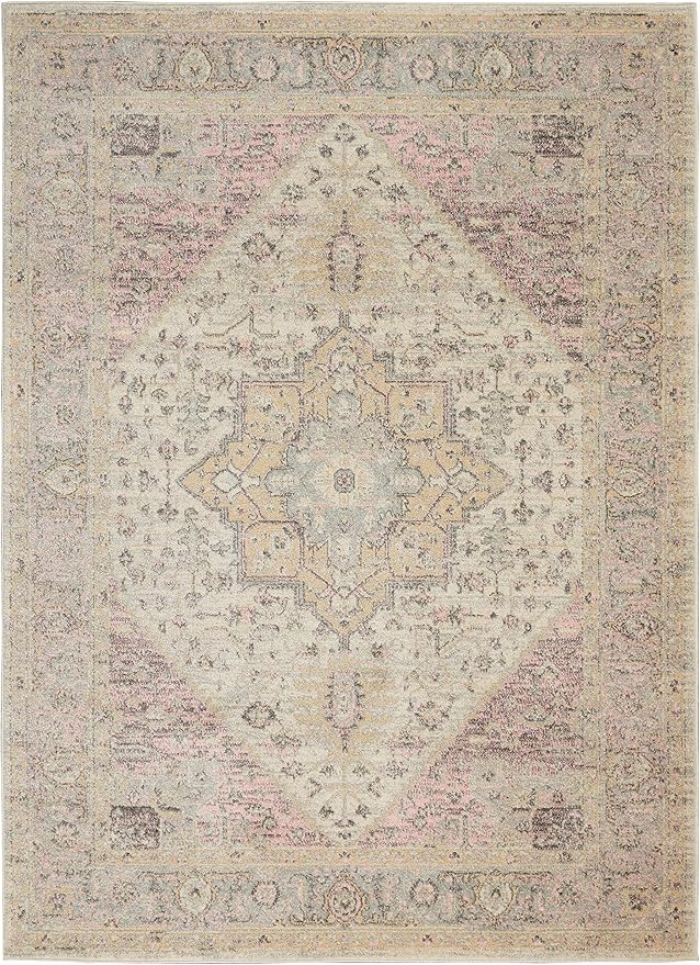 Nourison Home Tranquil Ivory/Pink 4' x 6' Area Rug, Distressed, Bed, Living, Dining Room, Kitchen, Easy Cleaning, Non Shedding
