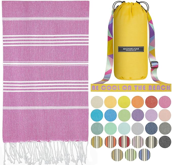 Madamelique Turkish Beach Towel with Beach Bag - 39 x 74 - Prewashed Beach Towels Oversized -%100Cotton - Quick Dry - Sand Free - Hand Loomed Turkish Bath Towels - Unique Absorbent Towel (Pink)