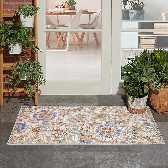 Nourison Home Aloha Ivory Blue 2'8" x 4' Area Rug - Easy Clean, Non Shedding, Bed Room, Living Room, Dining Room, Kitchen (3' x 4')