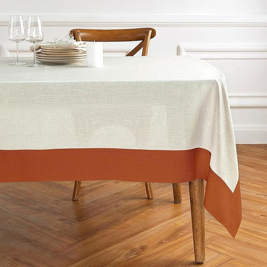 Solino Home Linen Tablecloth 60 x 108 Inch - 100% Pure Linen Cinnamon and Natural Rectangular Tablecloth - Machine Washable Table Cloth - Contempo