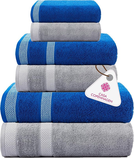 CASA COPENHAGEN Solitaire Mix 6 Pieces Towel Set- Grey Violet+Electric Blue, 600GSM 2Bath Towel 2Hand Towel 2Washcloth, Designed in Denmark Made of Soft Egyptian Cotton for Bathroom, Kitchen & Shower