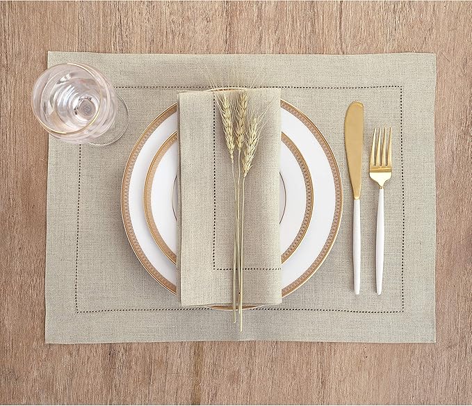 Solino Home Linen Placemats Set of 4 - Classic Hemstitch Natural Placemats 14 x 19 Inch - 100% Pure Linen Table Mats for Holiday, New Year