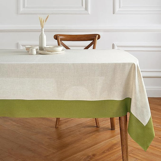 Solino Home Linen Tablecloth 60 x 90 Inch - 100% Pure Linen Avocado and Natural Tablecloth for Rectangle Tables - Contempo, Machine Washable Table Cloth for Winter