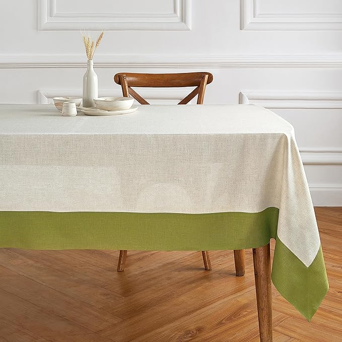 Solino Home Linen Tablecloth 60 x 108 Inch - 100% Pure Linen Avocado and Natural Tablecloth for Rectangle Tables - Contempo, Machine Washable Table Cloth for Winter