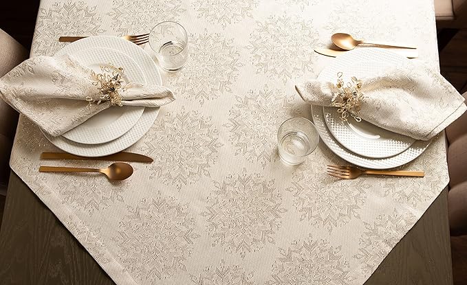 DII Holiday Dining Table Linen Sparkle Metallic Kitchen Décor, Table Topper, 40x40, Jacquard Snowflakes