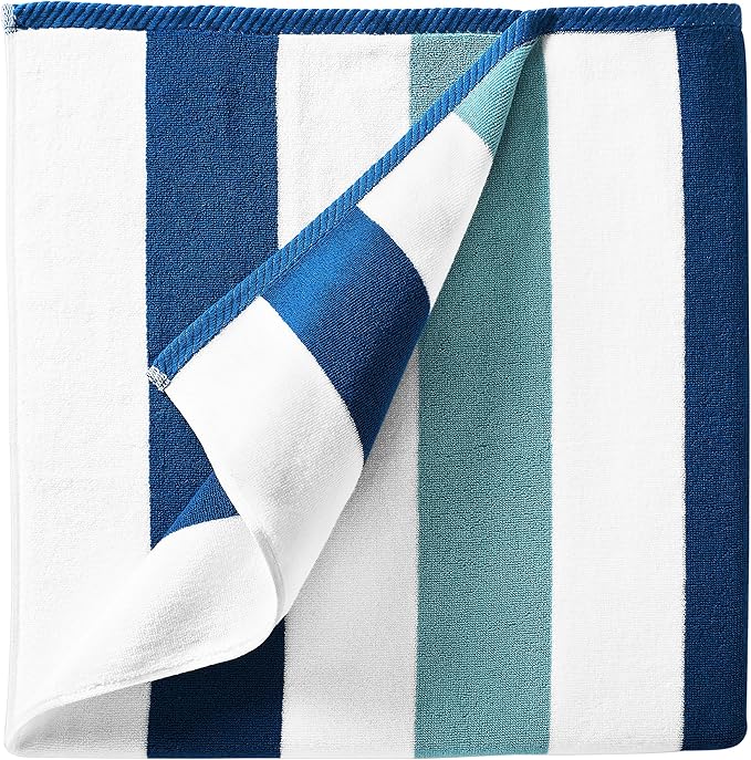 Laguna Beach Textile Co. Striped Cabana Beach Towel - Oversized, Plush 630 GSM Cotton - Marine Blue & Sea Glass Green