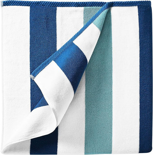 Laguna Beach Textile Co. Striped Cabana Beach Towel - Oversized, Plush 630 GSM Cotton - Marine Blue & Sea Glass Green