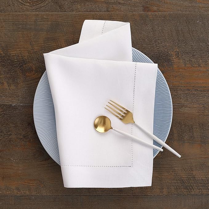 Solino Home White Linen Napkins Set of 6-100% Pure Linen Hemstitch Dinner Napkins 20 x 20 Inch for Winter, Valentines, Holiday, New Year - Classic Hemstitch