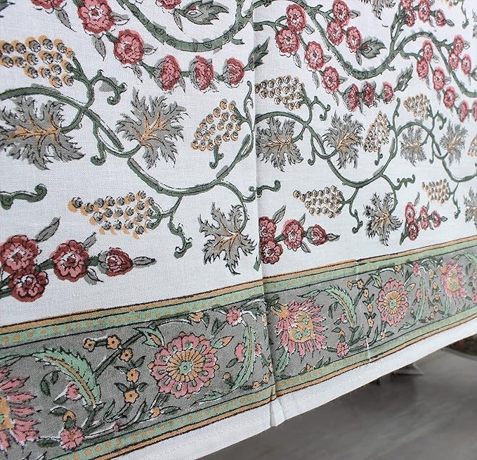 Ridhi Coral Pink Hand Block Print Cotton Rectangle Tablecloth 160" x 72" inches Reusable Table Cover Decorative Everyday Use for Dining, Farmhouse, Home, Party, Festive, Wedding, Fall