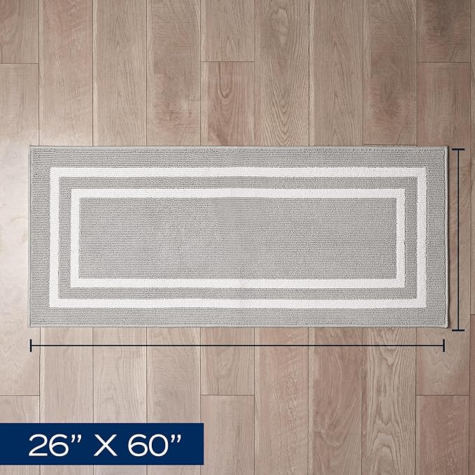 Nautica Runner Rug | Indoor Carpet for Entryway & Hallway Rug| Non-Slip Entry and Kitchen Door Mat| Machine Washable Low Profile Floor Mat | 26" x 60"| Double Border Light Grey and White