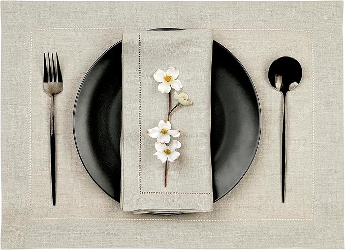 D'Moksha Homes Linen Placemats Set of 8 - Classic Hemstitch Natural Placemats 14 x 19 Inch - 100% Pure Linen Table Mats for Winter, Christmas, Holiday, New Year - Handcrafted and Machine Washable