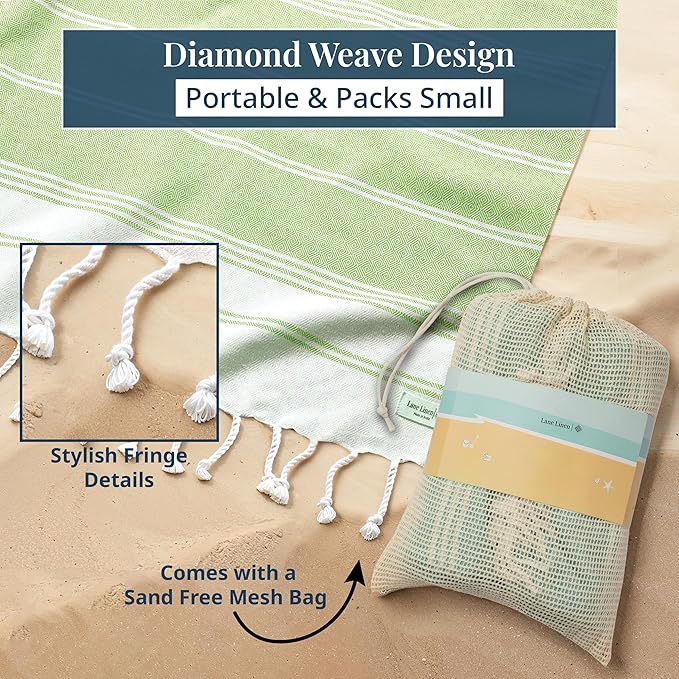 LANE LINEN Beach Blanket Sandproof – Lightweight Oversized Picnic Mat with Quick-Dry Comfort & Diamond Weave Design 82"x82", Beach Accessories Must-Haves, Park Outings, Coastal Getaways – JadeLime